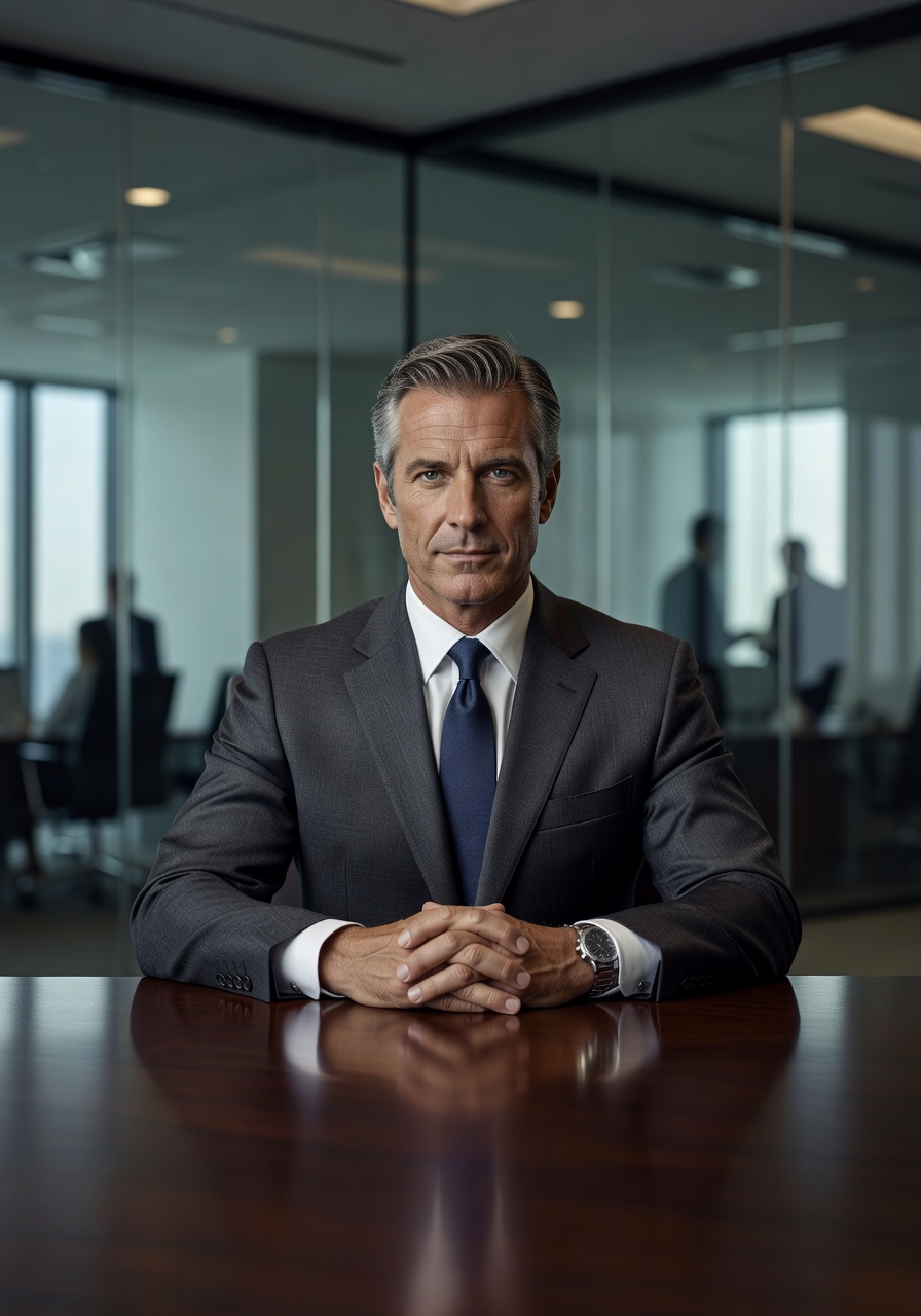AI-generated executive corporate boardroom portrait with charcoal suit — SelfAI Studio