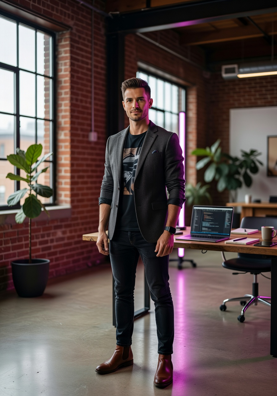 AI-generated creator personal-branding portrait with magenta rim light — SelfAI Studio