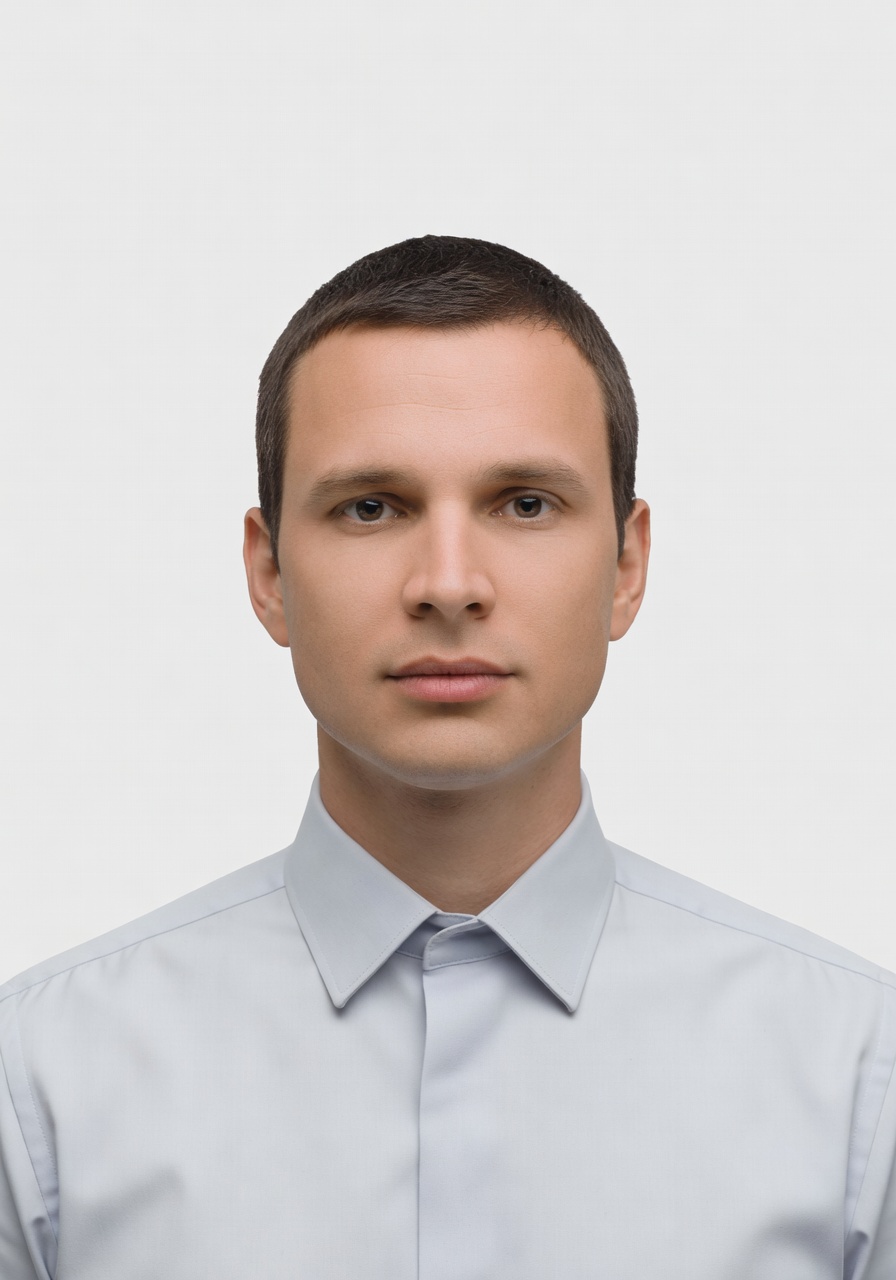 AI-generated ID-style passport portrait on plain white background — SelfAI Studio