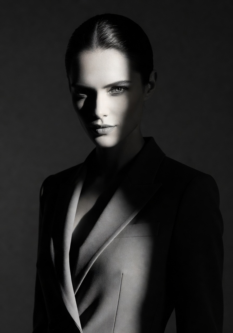 AI-generated monochrome editorial portrait with dramatic Rembrandt lighting — SelfAI Studio