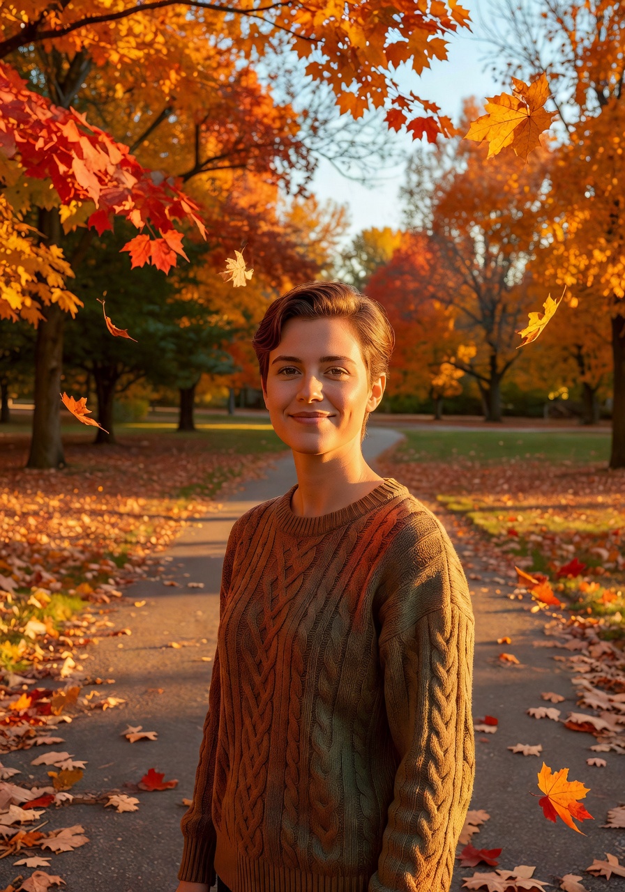 AI-generated outdoor portrait in an autumn park with warm sun — SelfAI Studio
