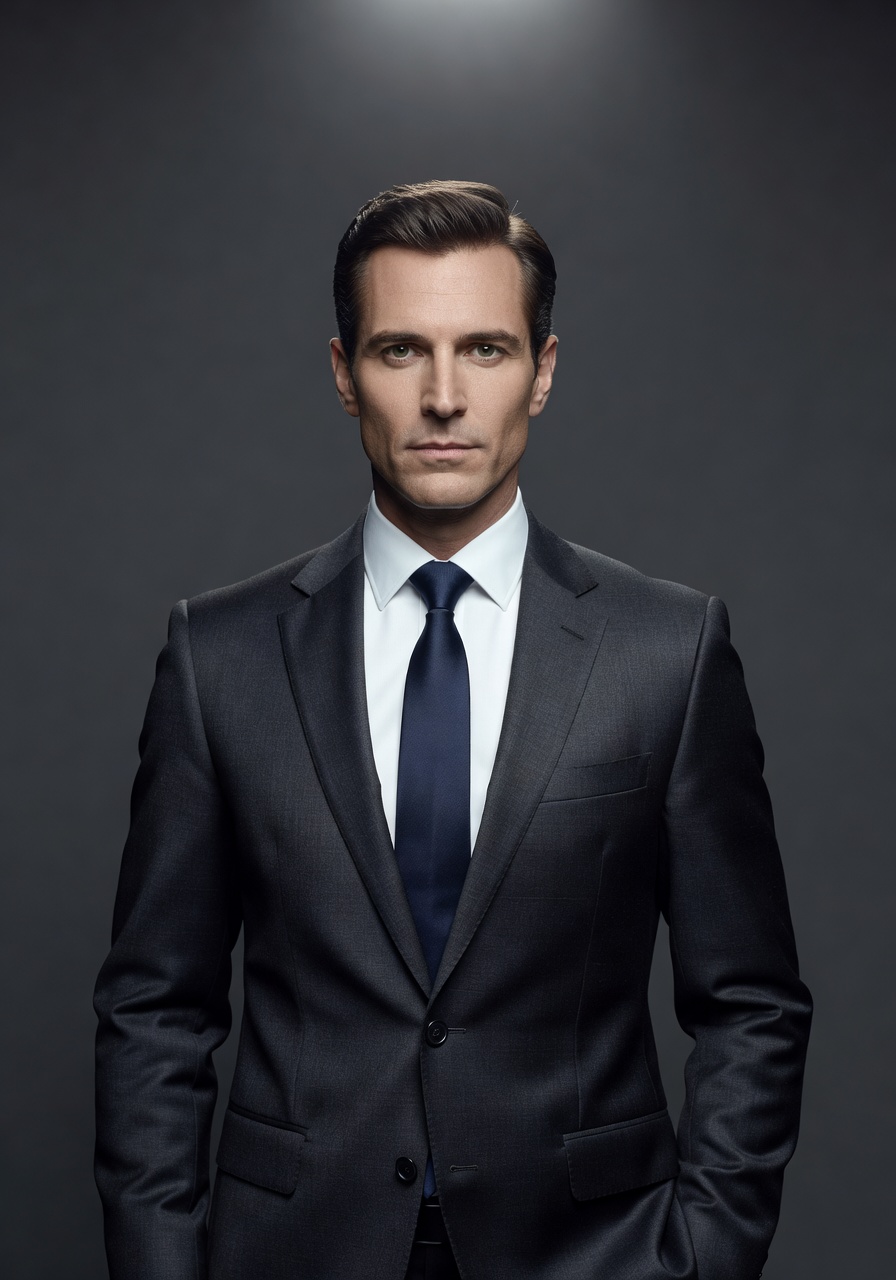 AI-generated high-end studio headshot with beauty dish lighting on charcoal backdrop — SelfAI Studio