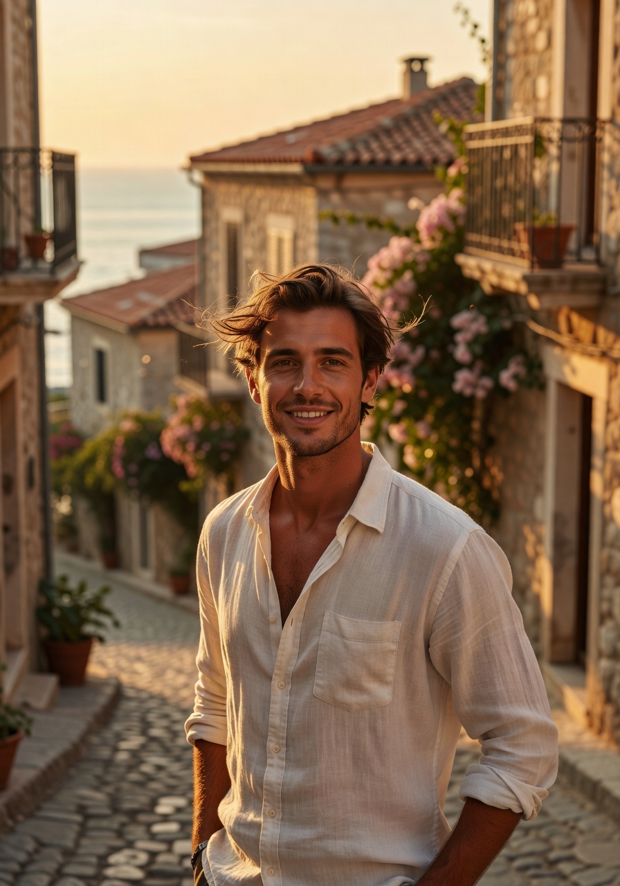 AI-generated travel portrait at golden hour with blurred coastal background — SelfAI Studio